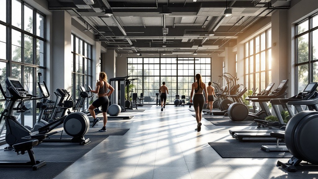 Academia moderna com equipamentos fitness profissionais e pessoas se exercitando