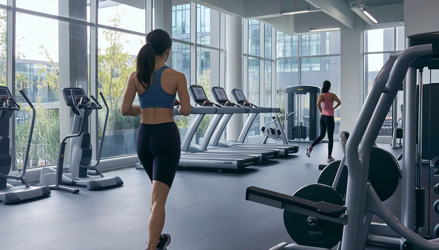 Area de academia em condominio com equipamentos modernos e pessoas se exercitando