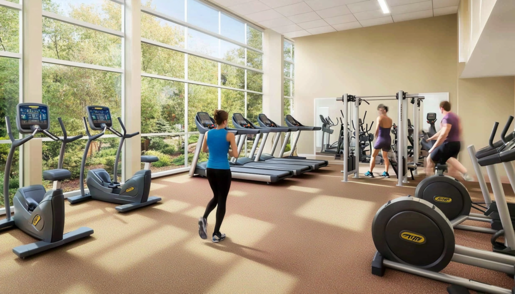 Area de academia em condominio com equipamentos modernos e pessoas se exercitando